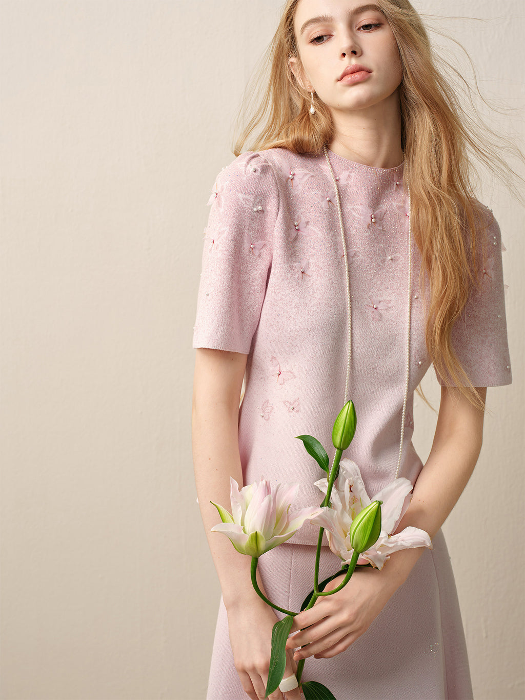 Dancing Butterfly_Light Pink Knit Two-Piece Set