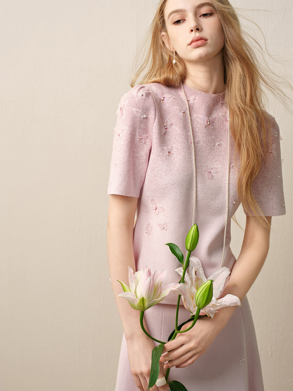 Dancing Butterfly_Light Pink Knit Two-Piece Set