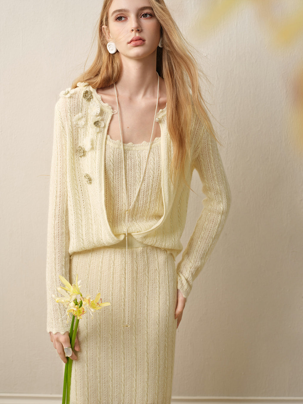 Pale Yellow Long Dress Three-Piece Set