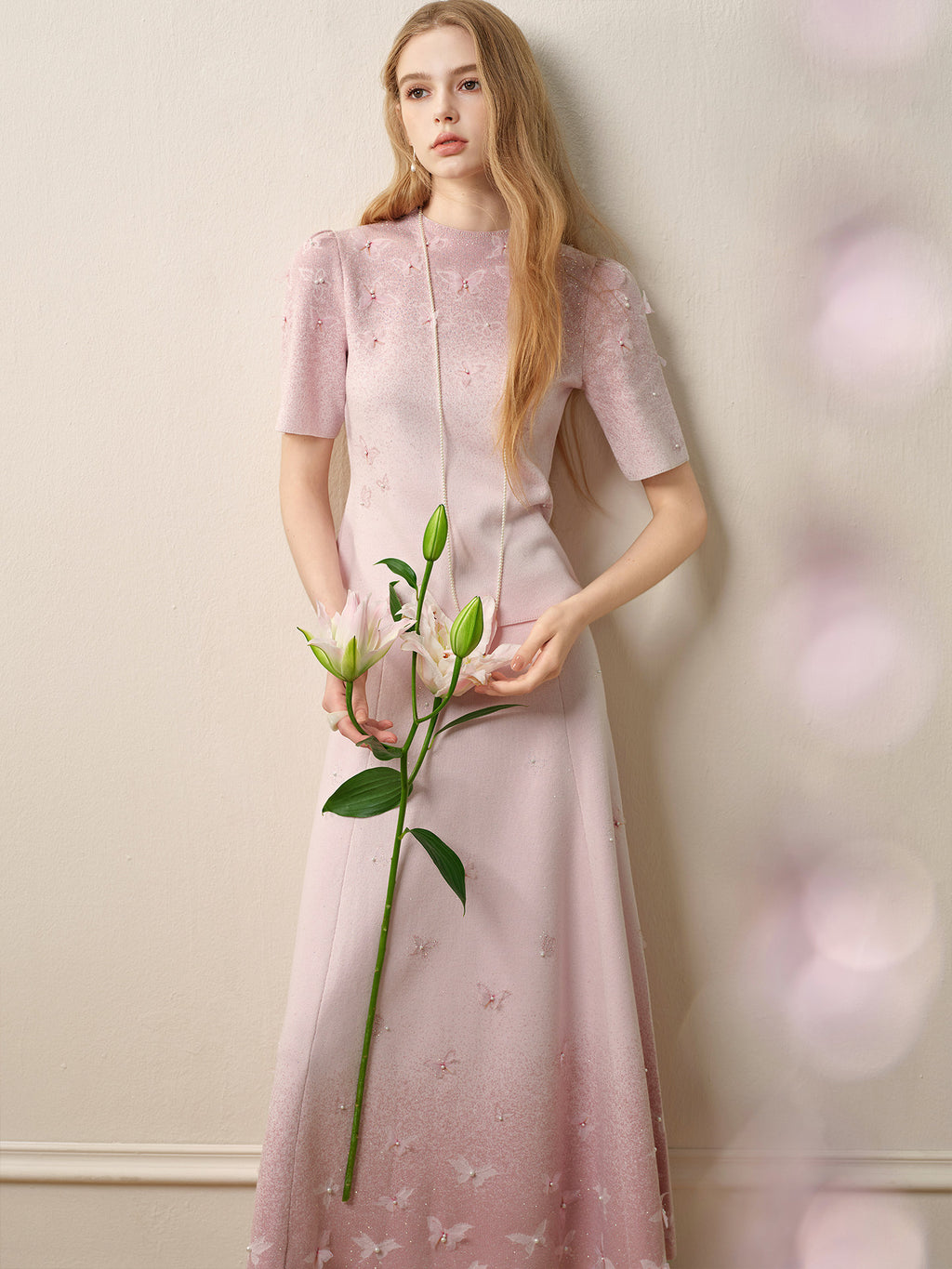 Dancing Butterfly_Light Pink Knit Two-Piece Set