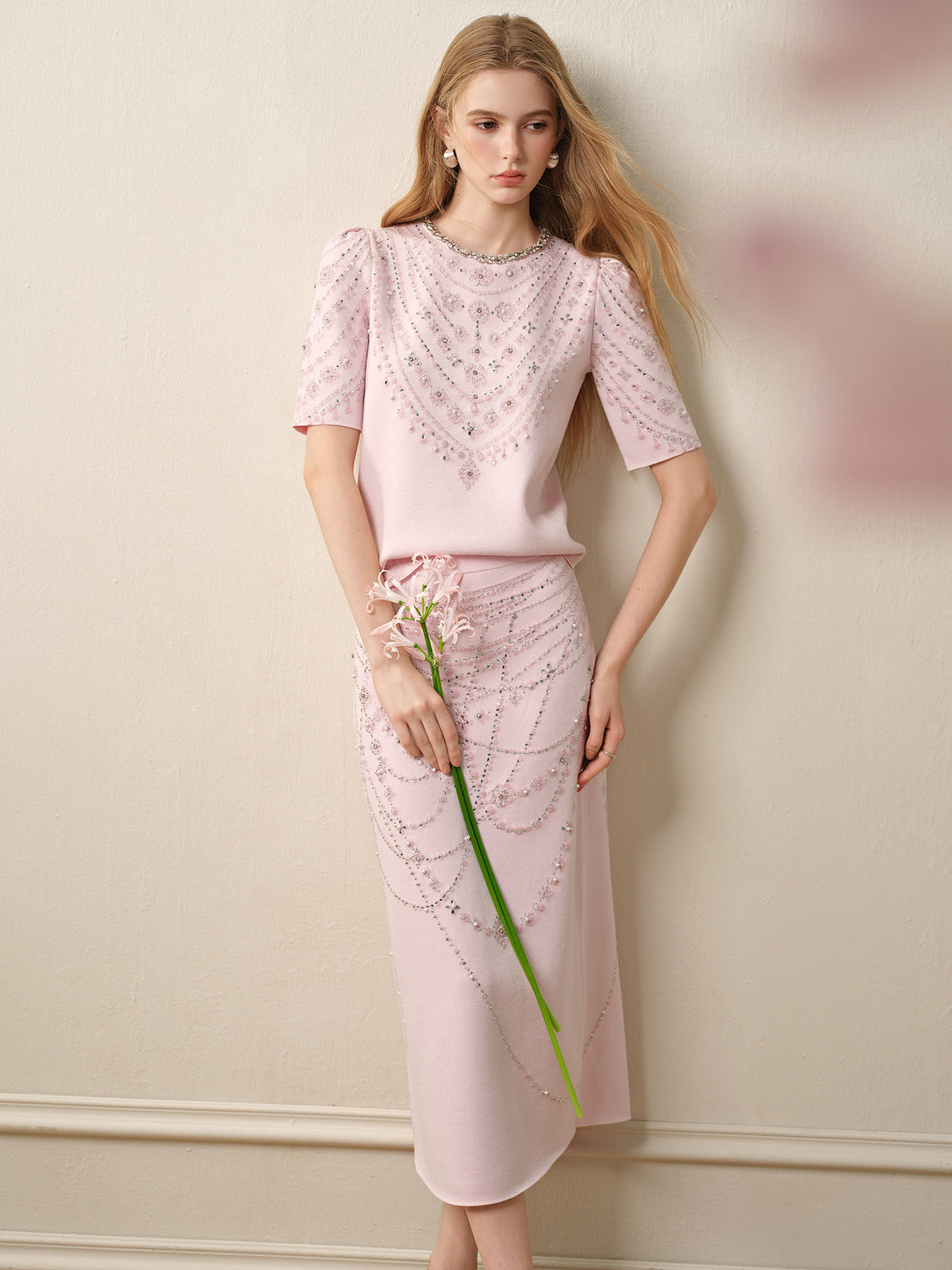 Maiden's Whisper_Light Pink Knit Two-Piece Set