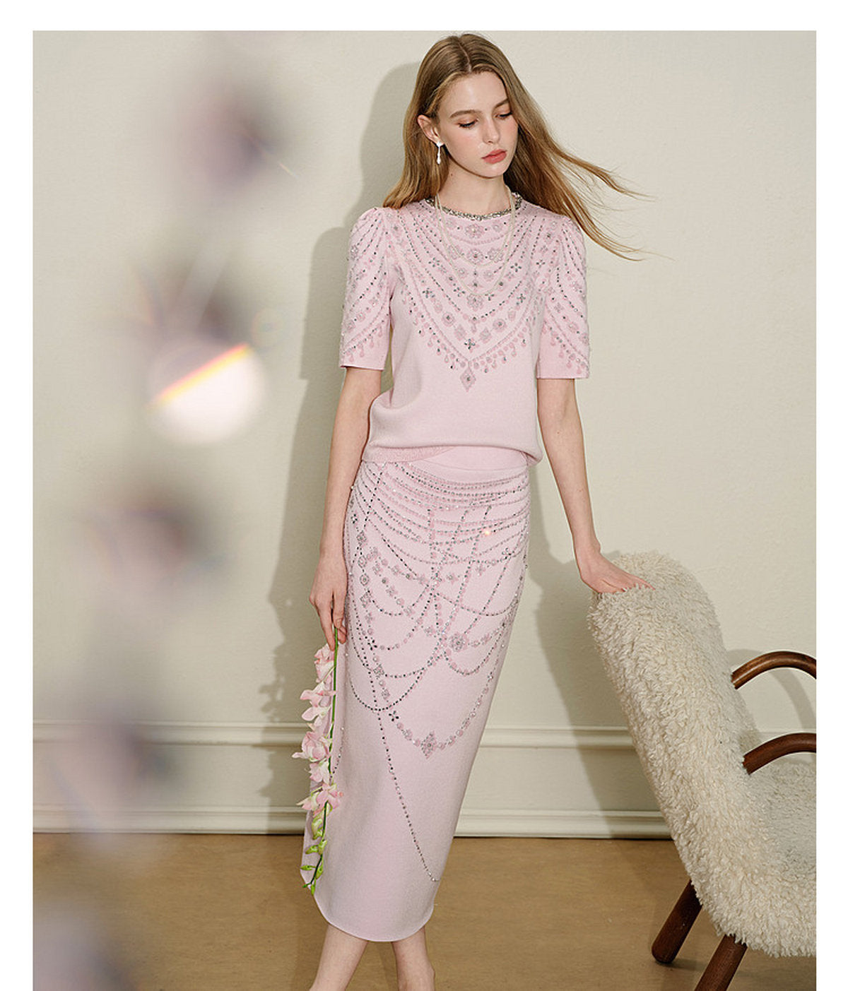 Maiden's Whisper_Light Pink Knit Two-Piece Set