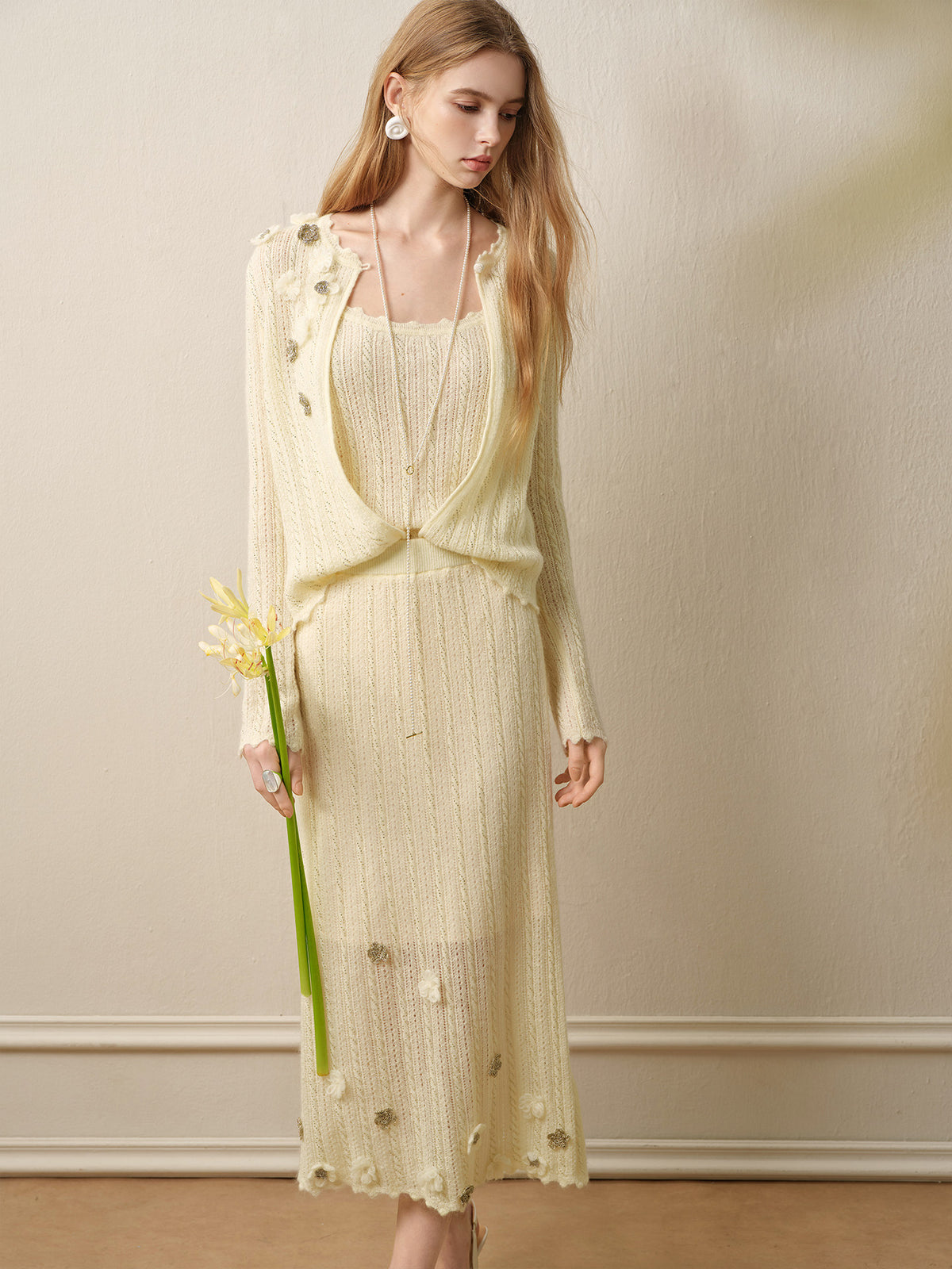 Pale Yellow Long Dress Three-Piece Set