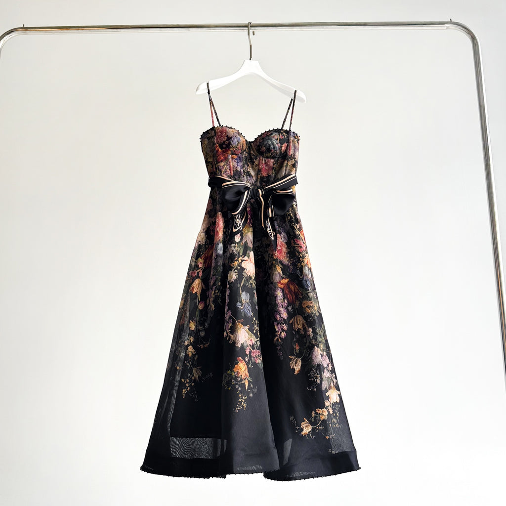 Black Vintage Floral Bow Midi Slip Dress