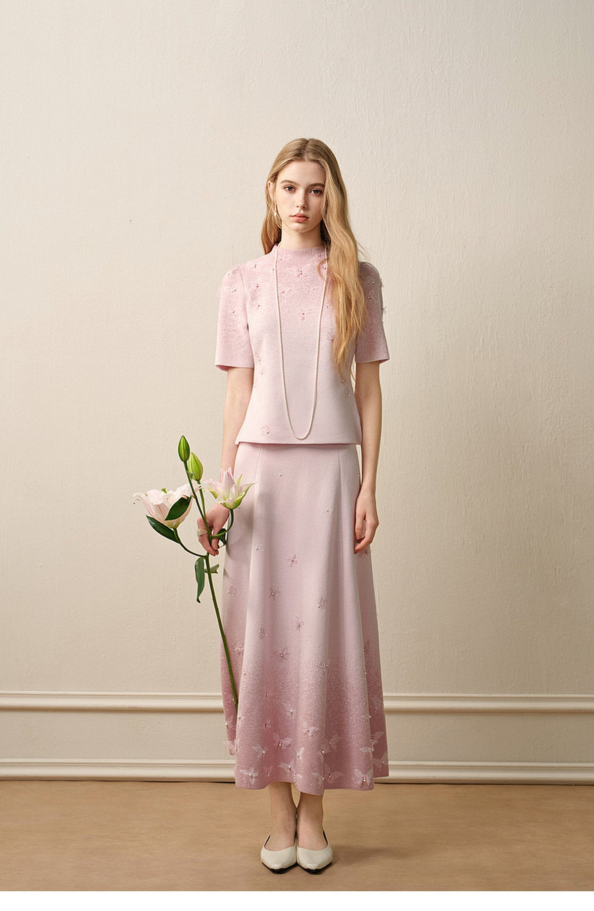 Dancing Butterfly_Light Pink Knit Two-Piece Set