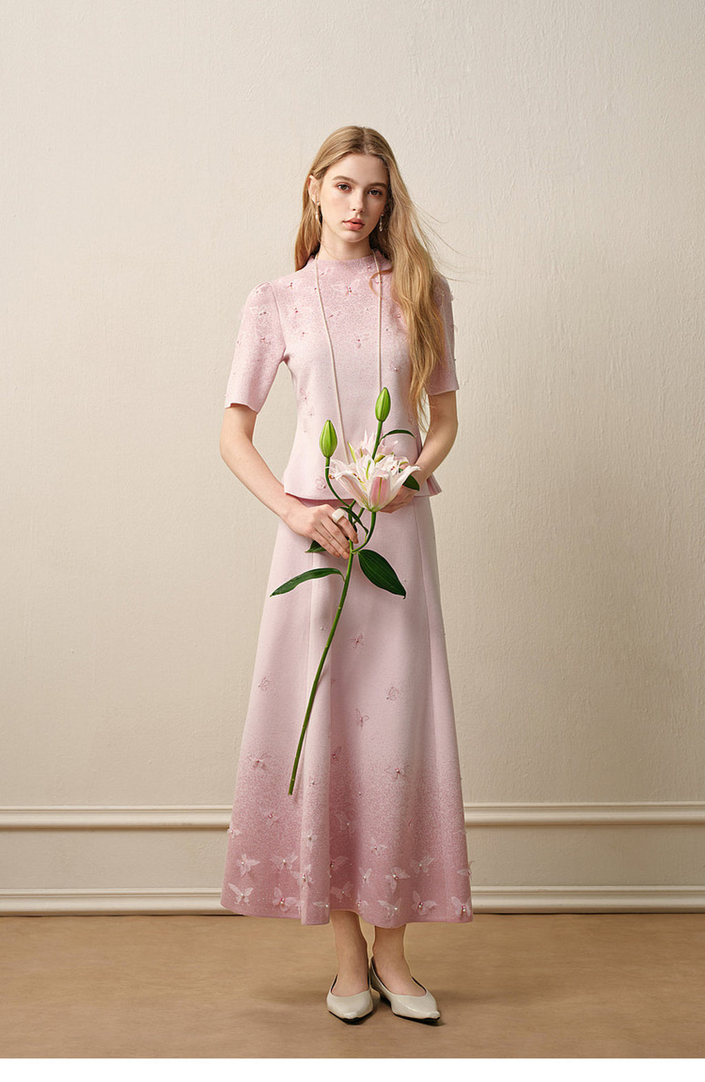 Dancing Butterfly_Light Pink Knit Two-Piece Set