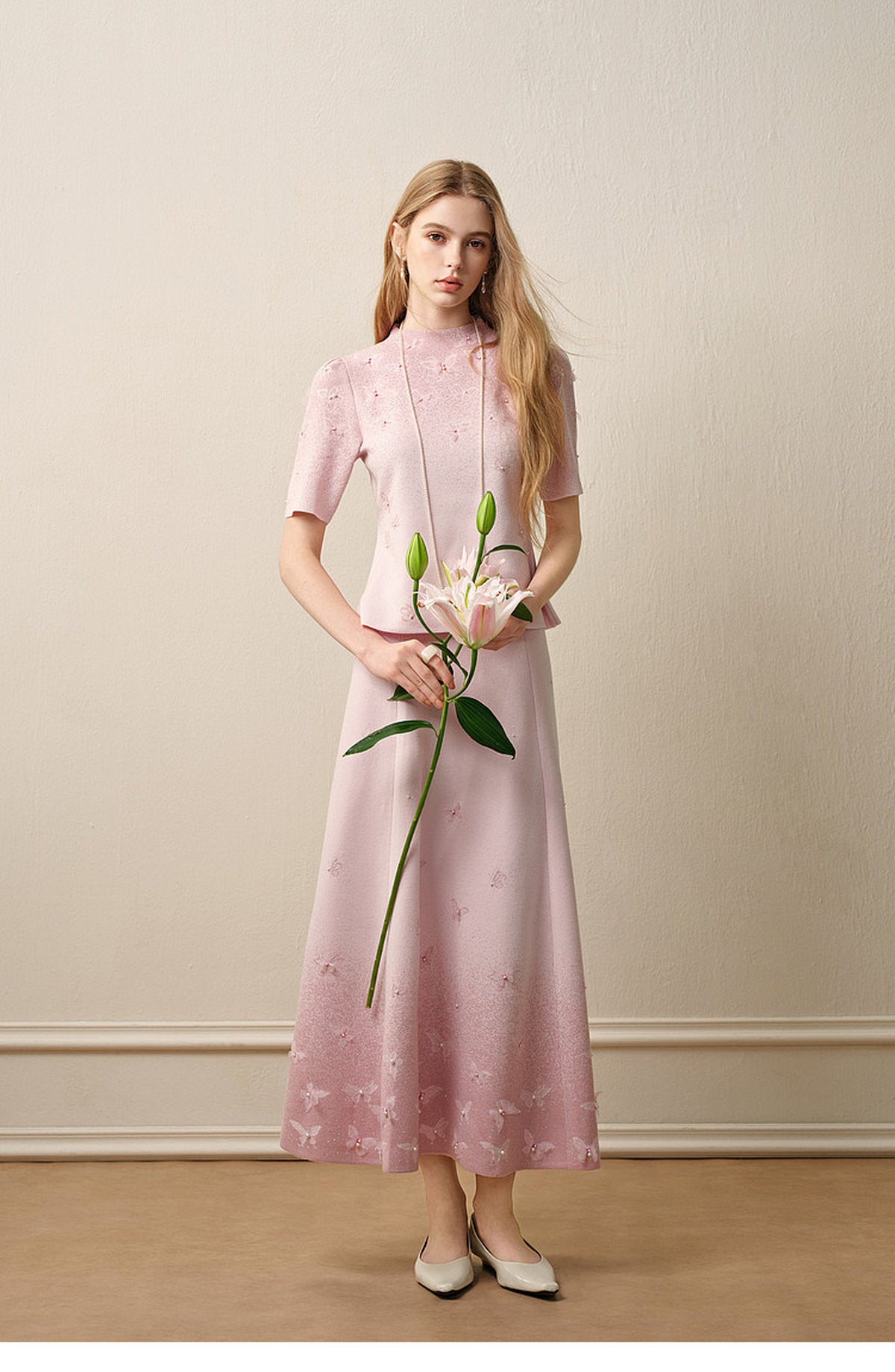 Dancing Butterfly_Light Pink Knit Two-Piece Set