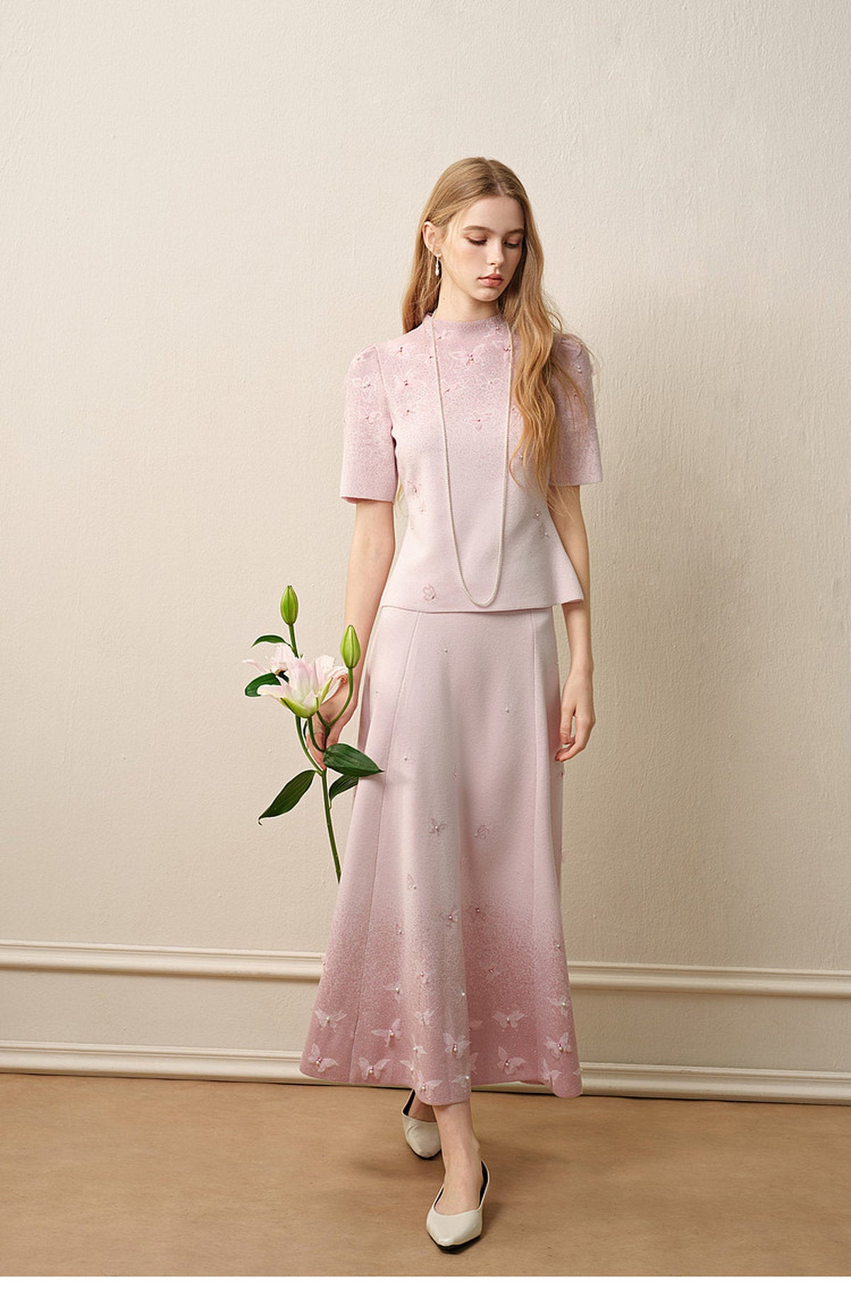 Dancing Butterfly_Light Pink Knit Two-Piece Set