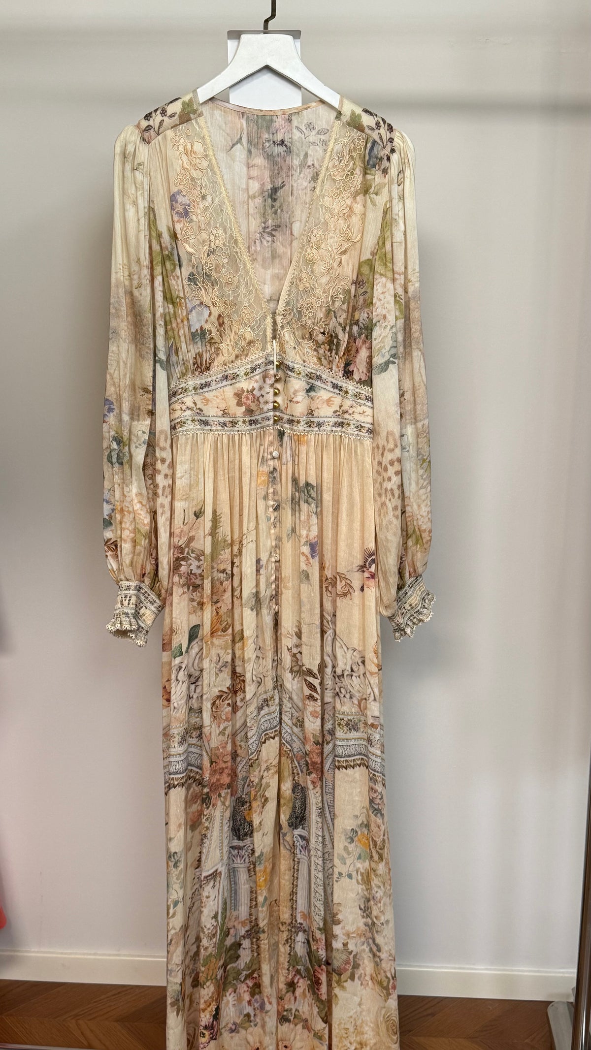 New Arrival, Vintage Printed Silk Linen V-Neck Maxi Dress