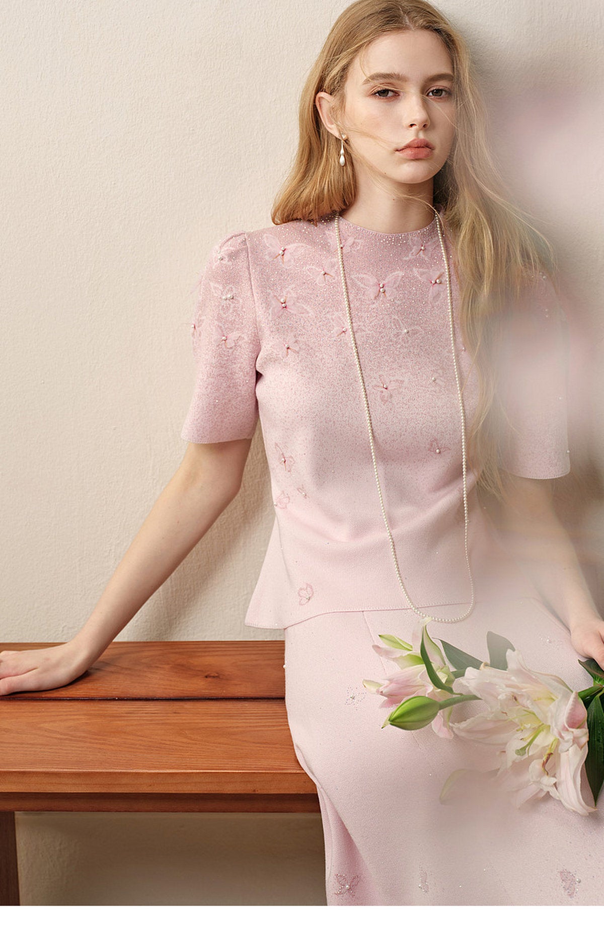 Dancing Butterfly_Light Pink Knit Two-Piece Set