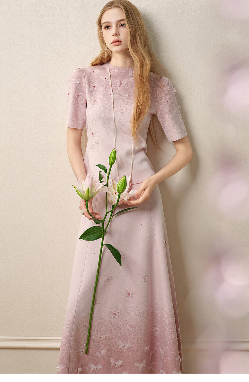 Dancing Butterfly_Light Pink Knit Two-Piece Set