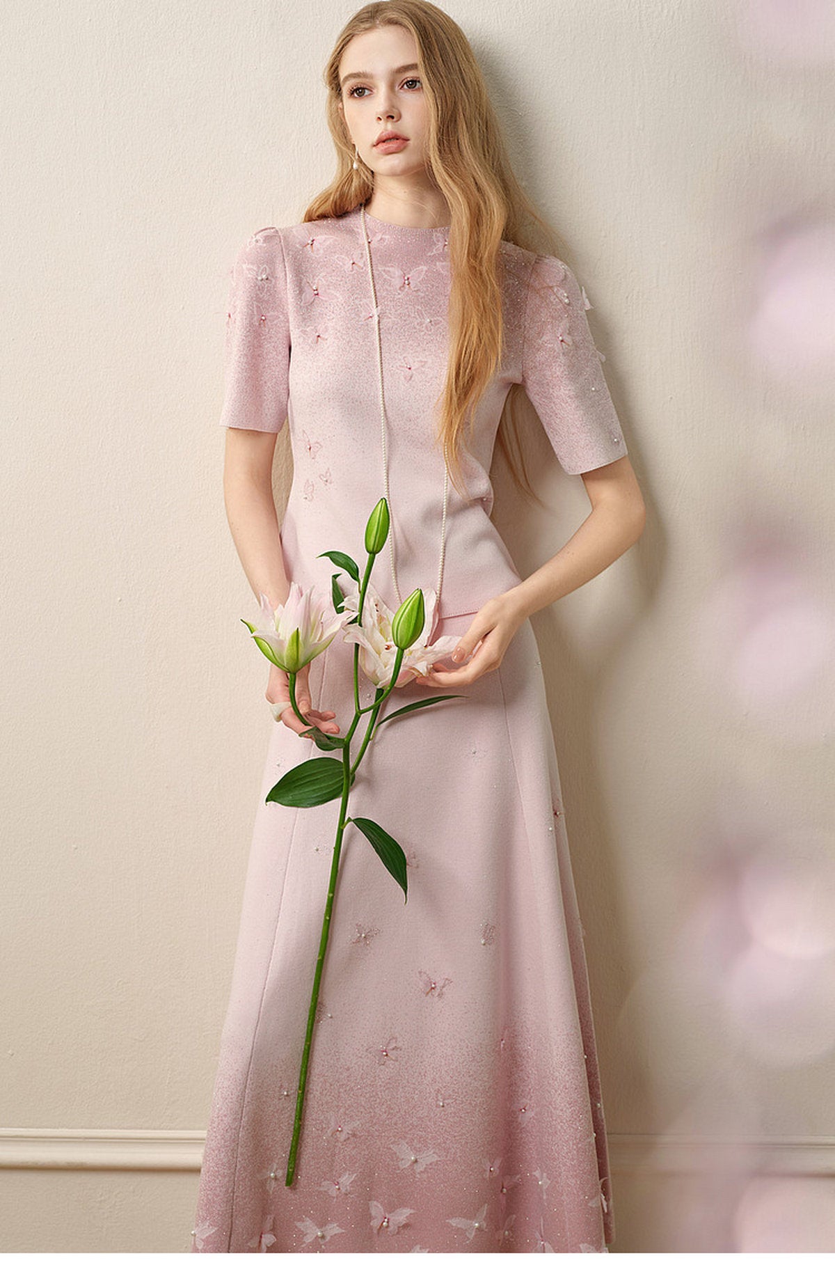 Dancing Butterfly_Light Pink Knit Two-Piece Set