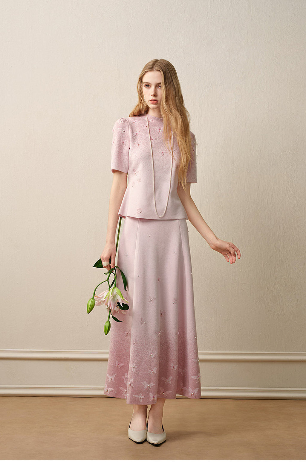Dancing Butterfly_Light Pink Knit Two-Piece Set