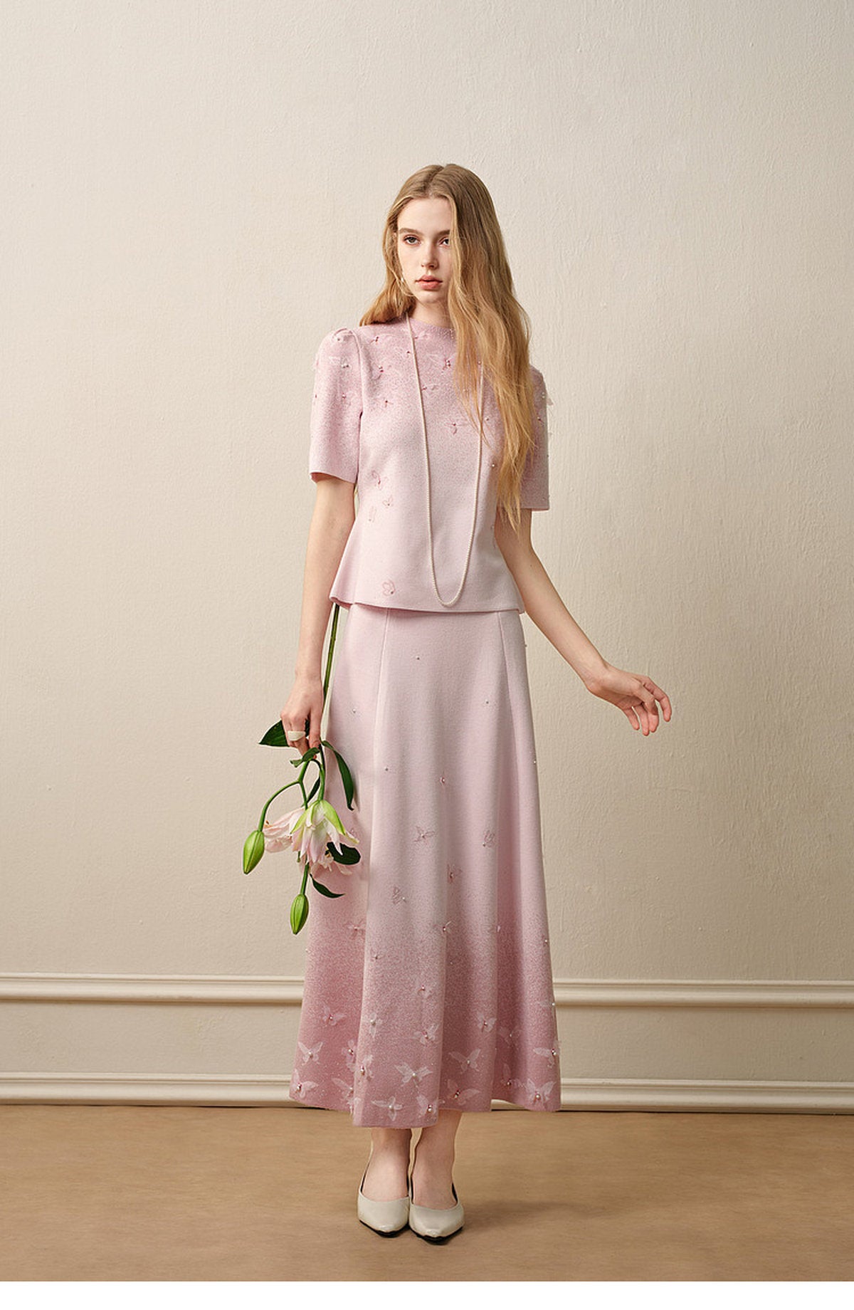 Dancing Butterfly_Light Pink Knit Two-Piece Set