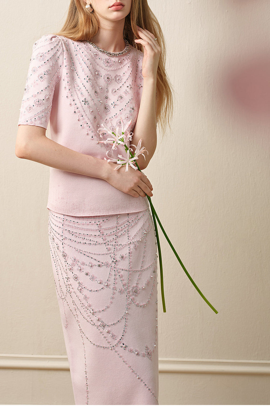 Maiden's Whisper_Light Pink Knit Two-Piece Set