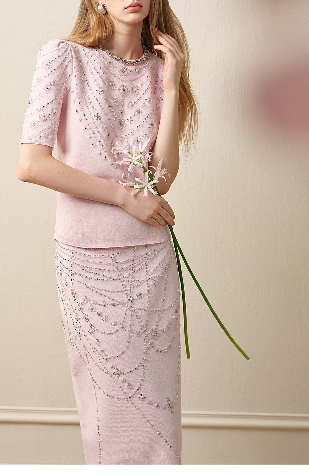 Maiden's Whisper_Light Pink Knit Two-Piece Set