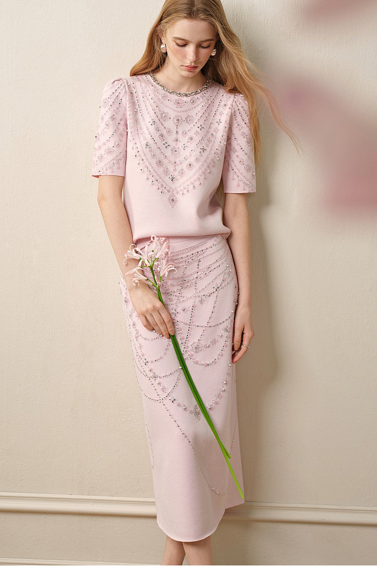 Maiden's Whisper_Light Pink Knit Two-Piece Set