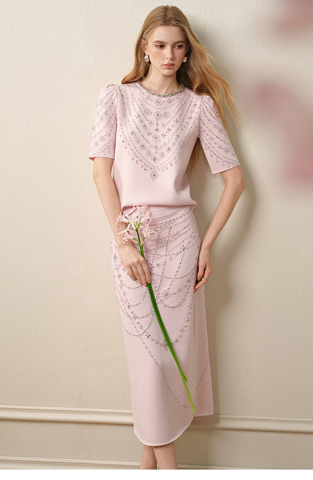 Maiden's Whisper_Light Pink Knit Two-Piece Set