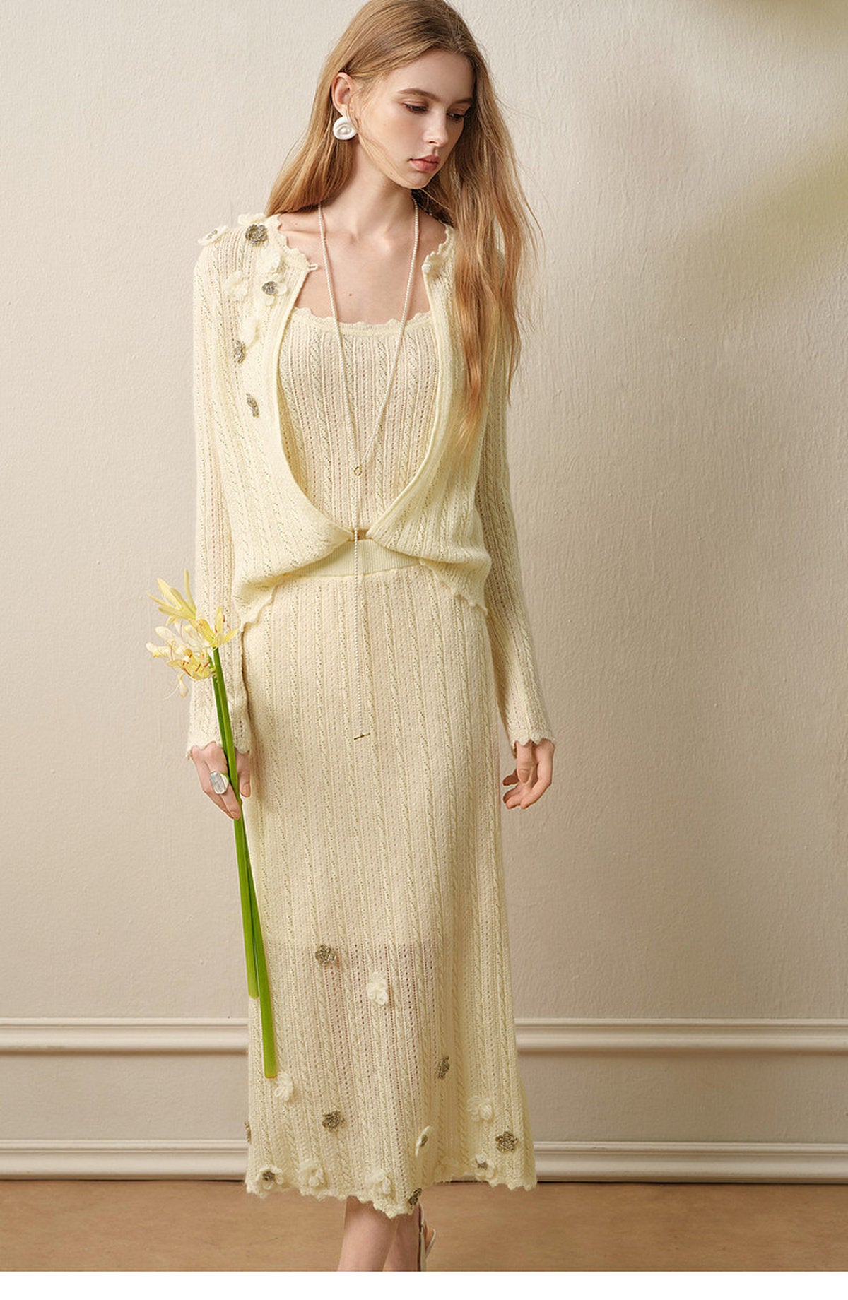 Pale Yellow Long Dress Three-Piece Set
