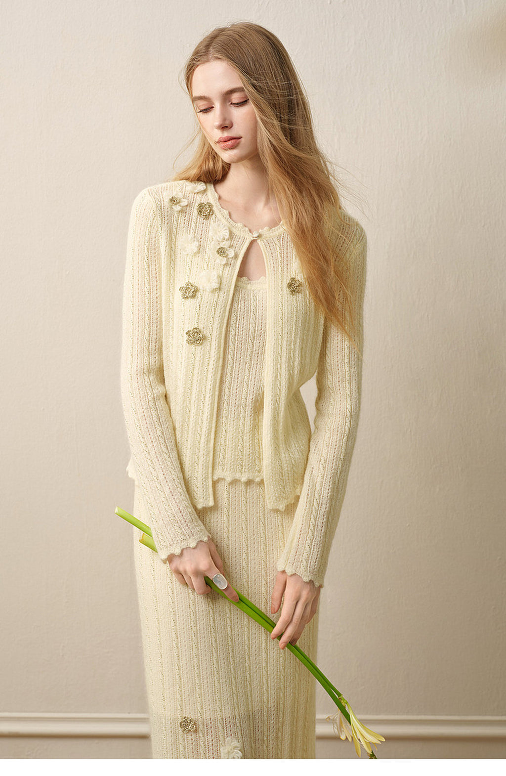 Pale Yellow Long Dress Three-Piece Set
