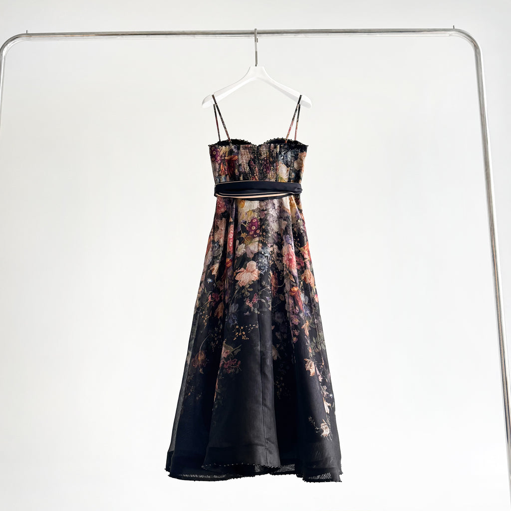 Black Vintage Floral Bow Midi Slip Dress