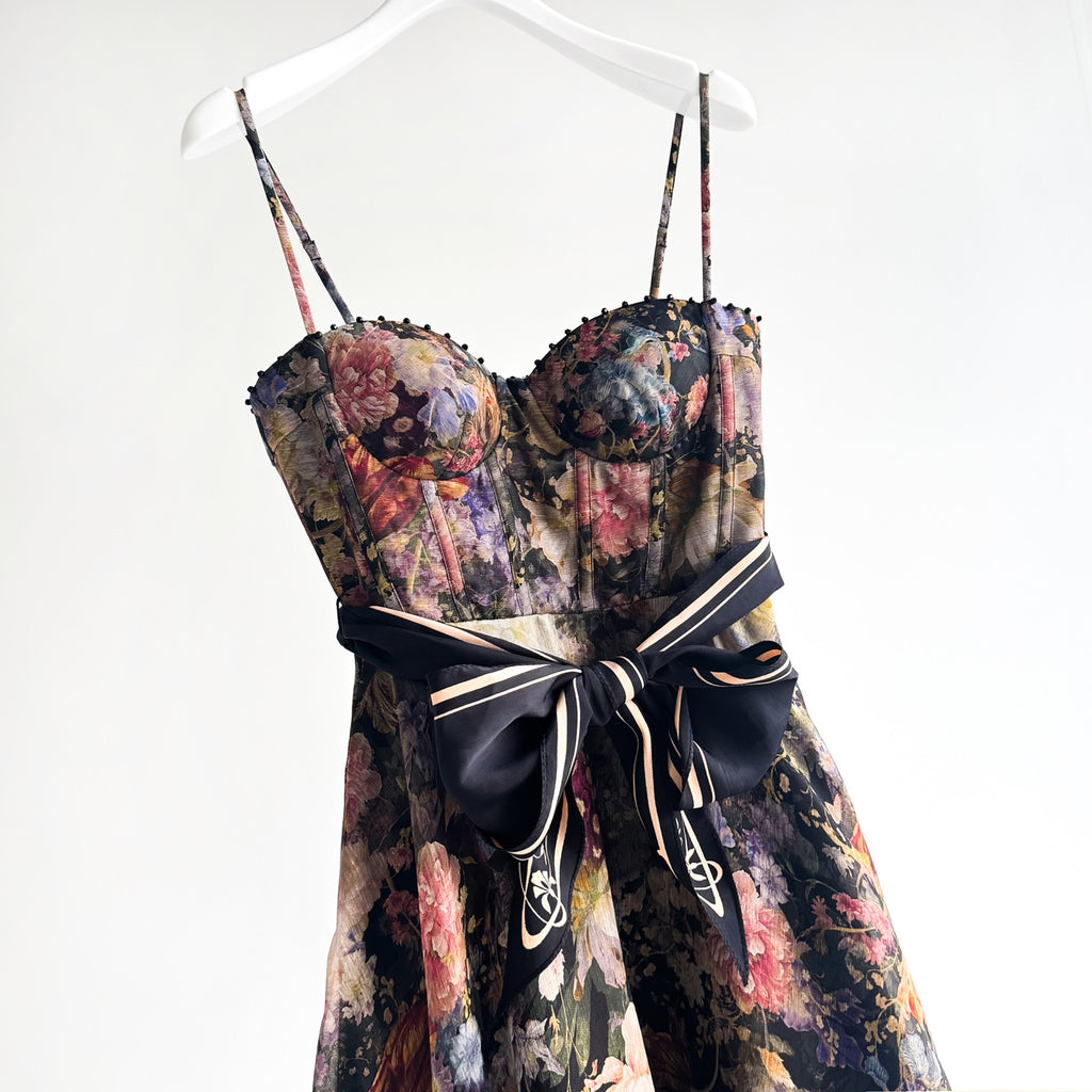 Black Vintage Floral Bow Midi Slip Dress