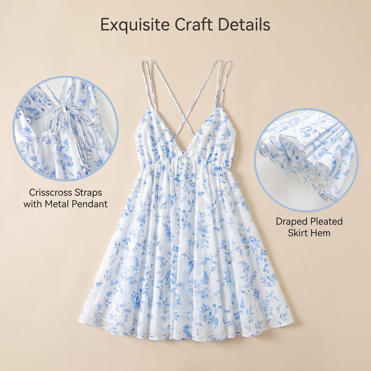 Light Blue White Tiny Floral Print V-Neck Camisole Mini Dress