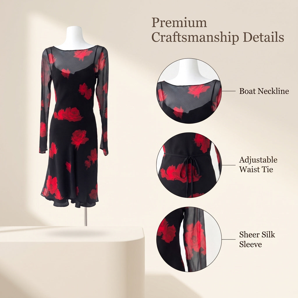 The Celeste Black Base Red Floral Mesh Two-Piece Mini Dress