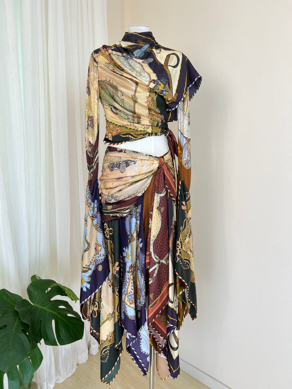 Nautical Style Silk Blouse & Skirt Set
