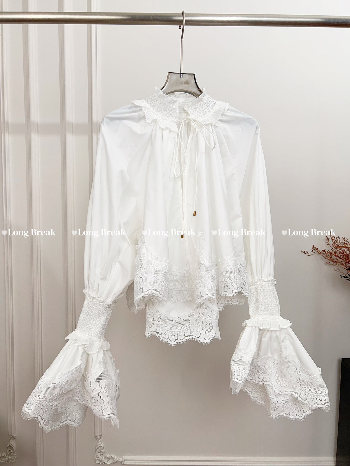 Vintage Soft Lace Lapel Collar Long Sleeve Blouse