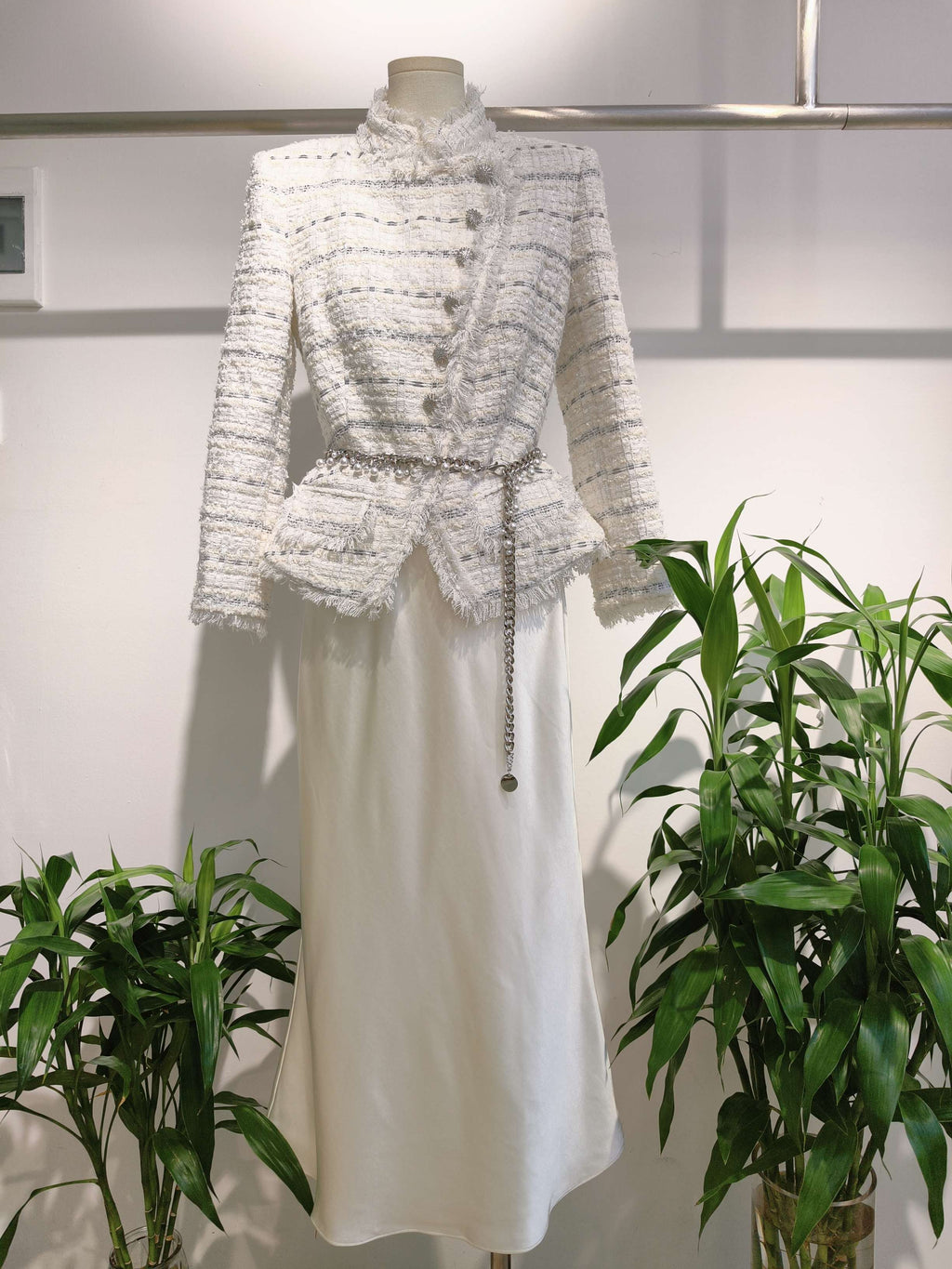 White Tweed & Satin Paneled Dress