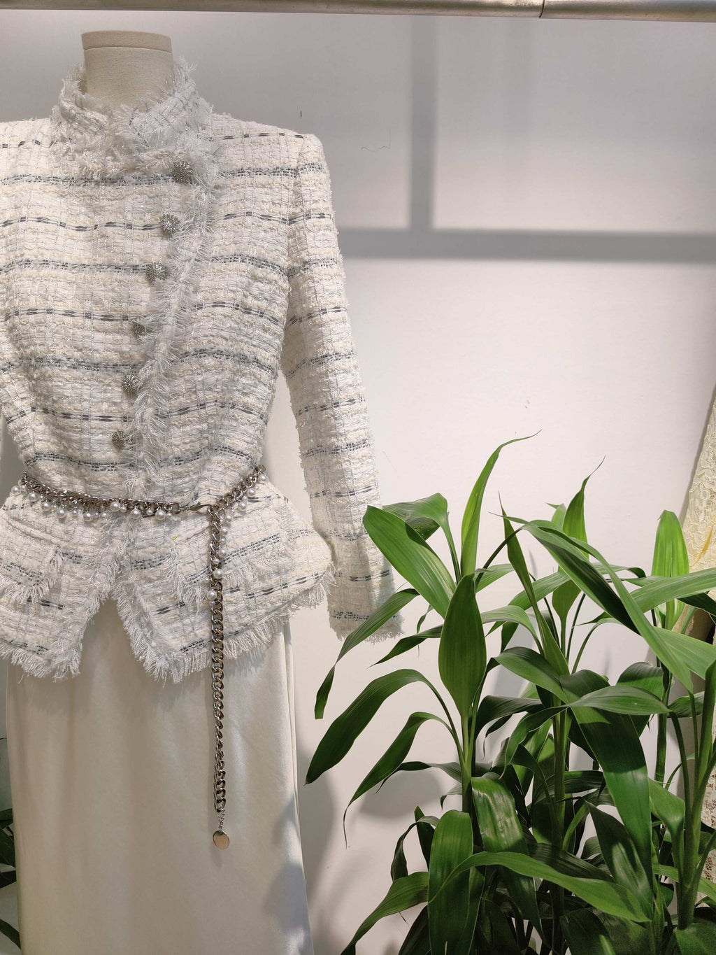 White Tweed & Satin Paneled Dress
