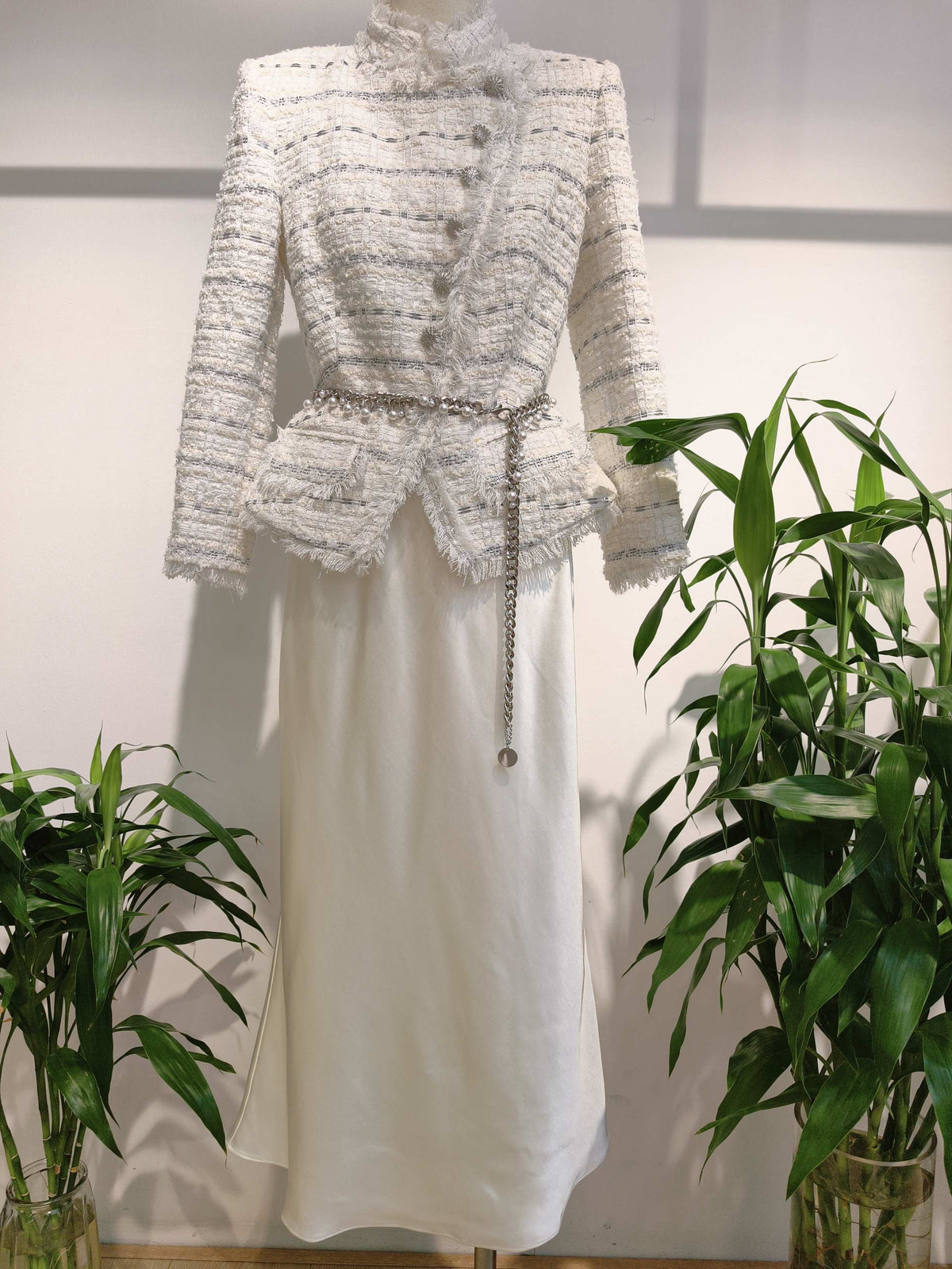 White Tweed & Satin Paneled Dress
