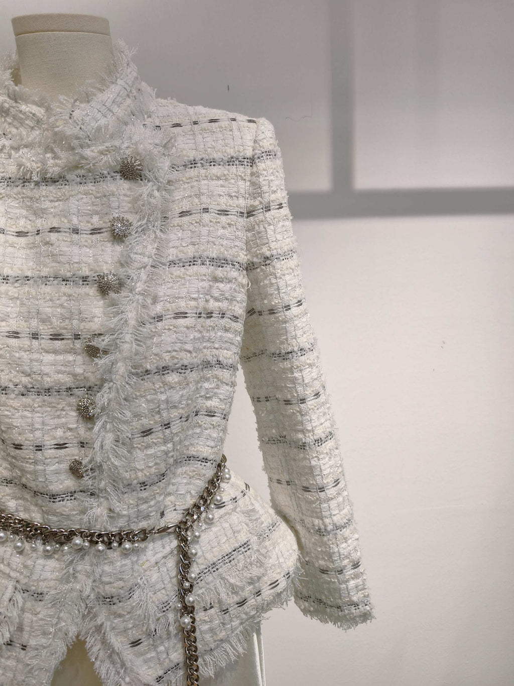 White Tweed & Satin Paneled Dress
