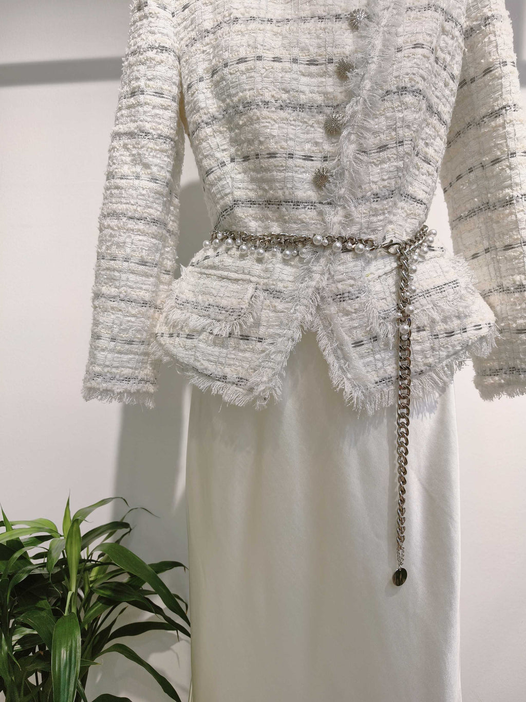 White Tweed & Satin Paneled Dress