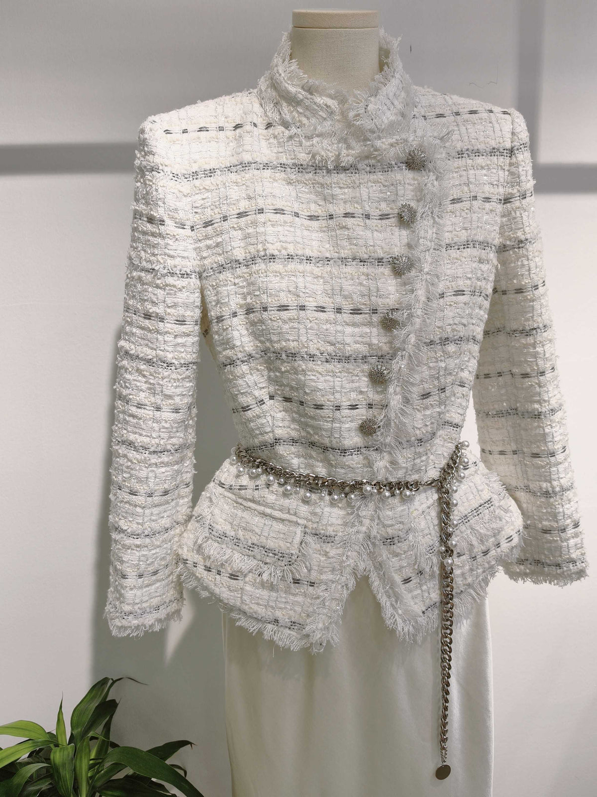 White Tweed & Satin Paneled Dress