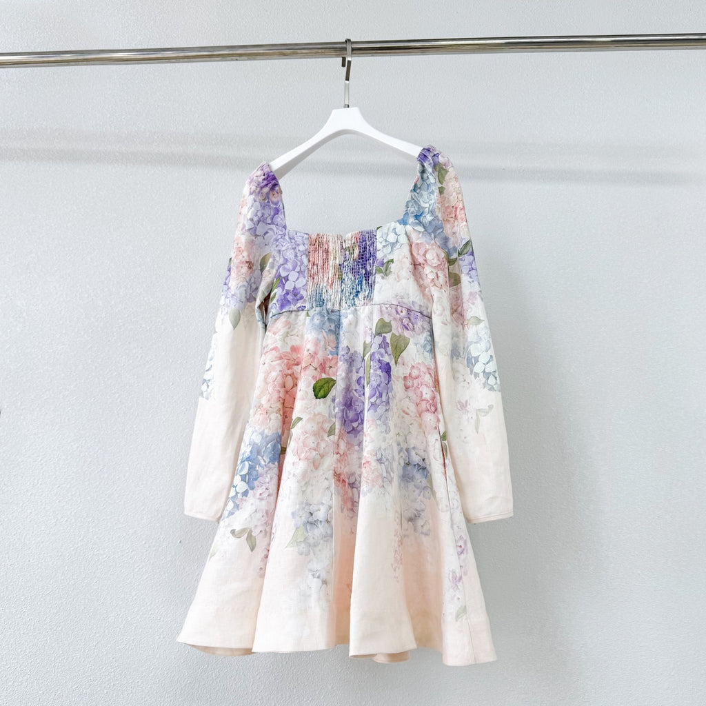 Linen Hydrangea Long Sleeve Mini Dress