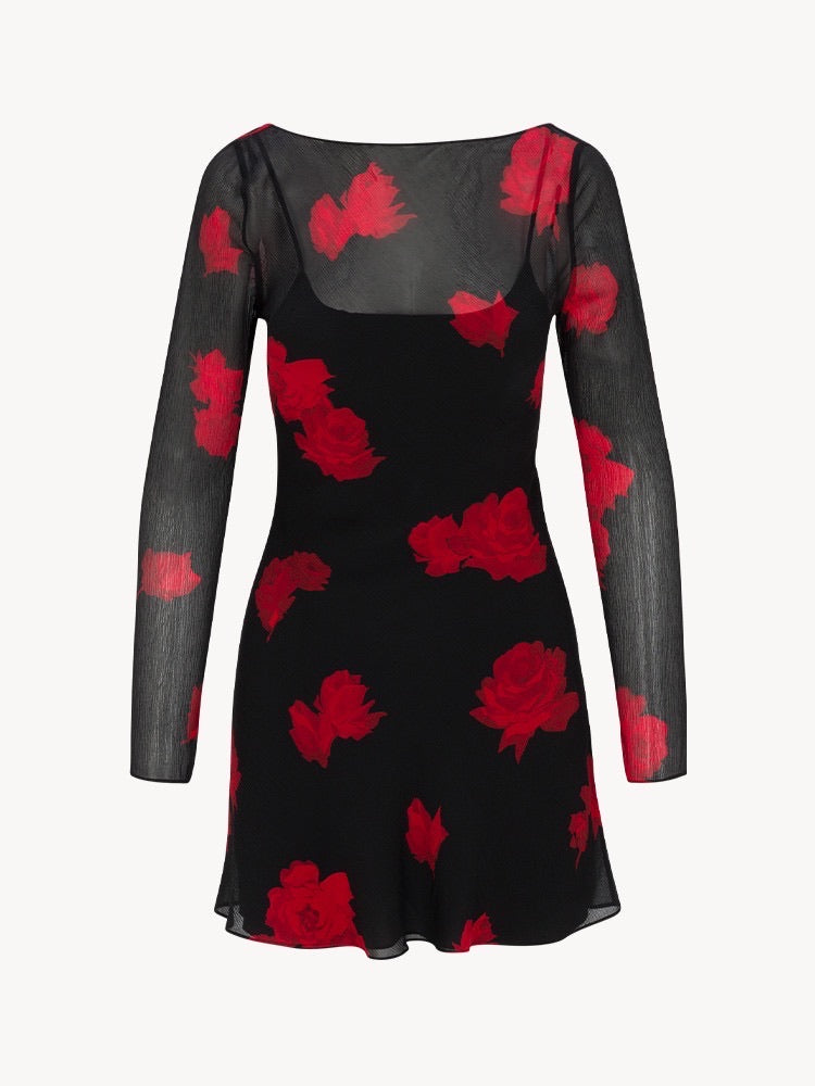 The Celeste Black Base Red Floral Mesh Two-Piece Mini Dress