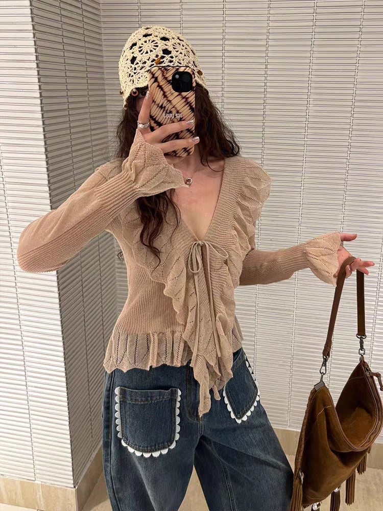 Ruffled V‑Neck Flare‑Sleeve Cardigan