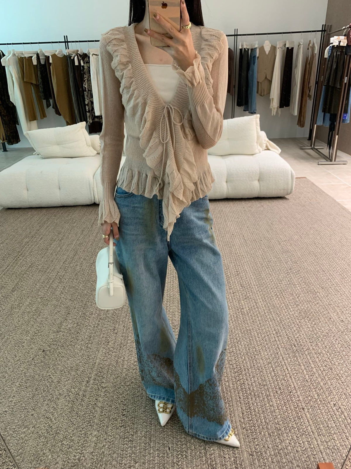 Ruffled V‑Neck Flare‑Sleeve Cardigan