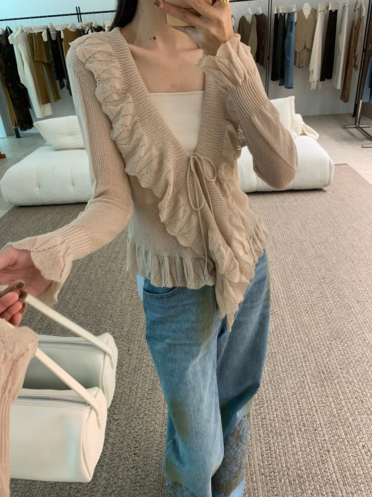Ruffled V‑Neck Flare‑Sleeve Cardigan