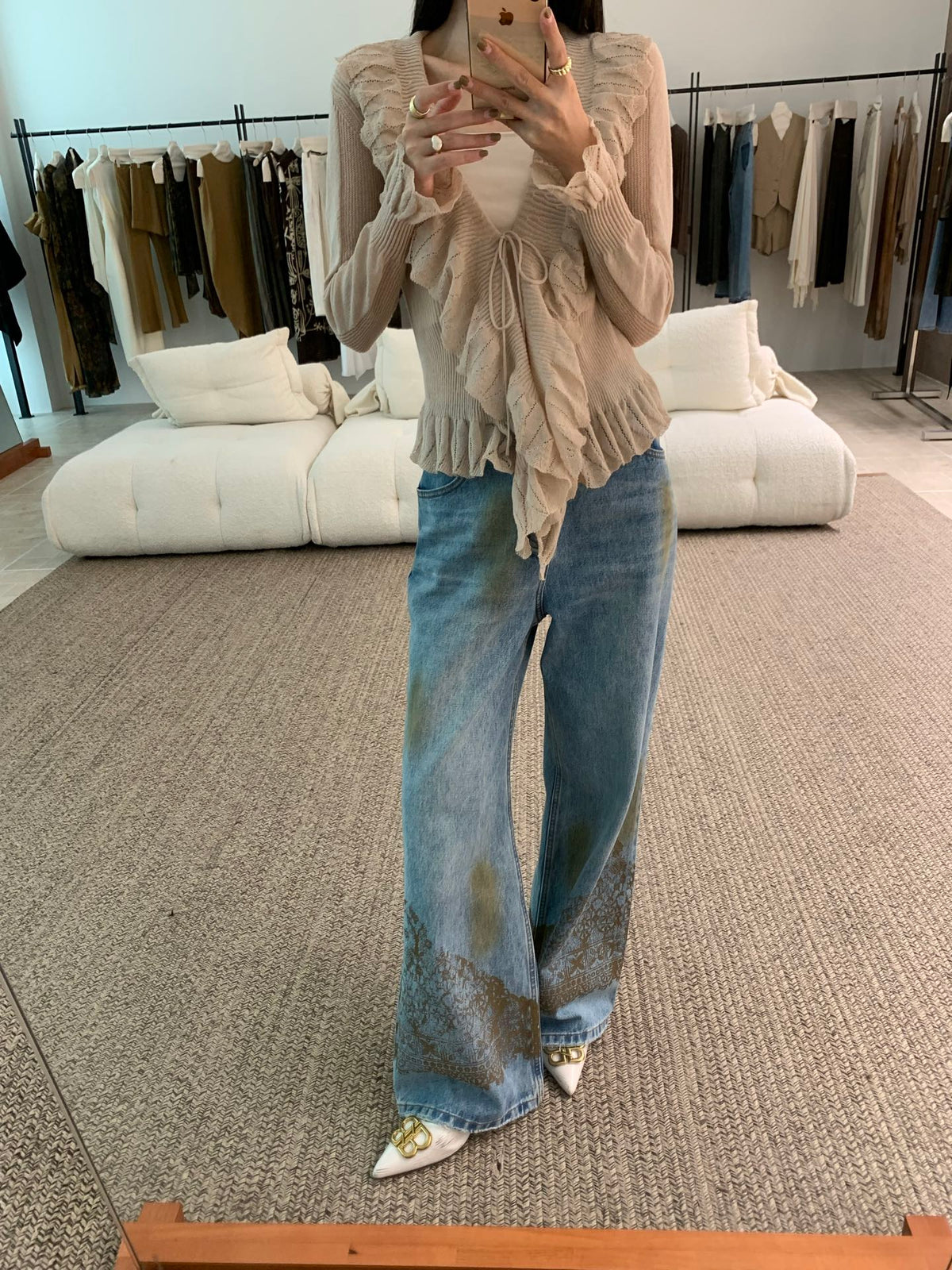 Ruffled V‑Neck Flare‑Sleeve Cardigan