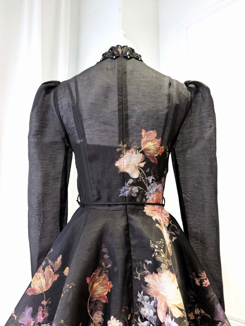 Black Printed Silk Linen Long-sleeve Mini Dress
