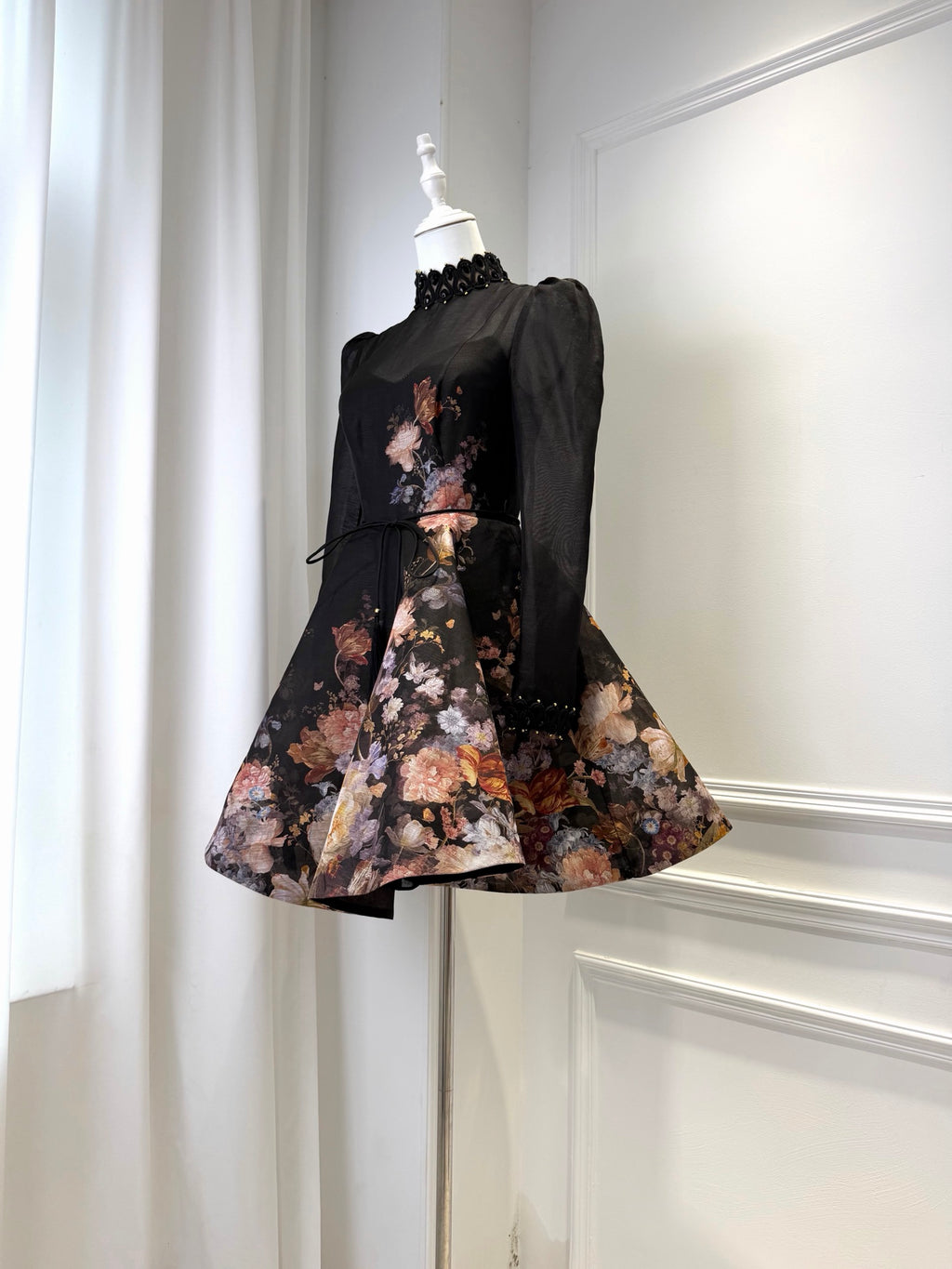 Black Printed Silk Linen Long-sleeve Mini Dress