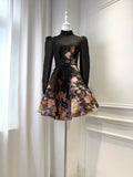 Black Printed Silk Linen Long-sleeve Mini Dress