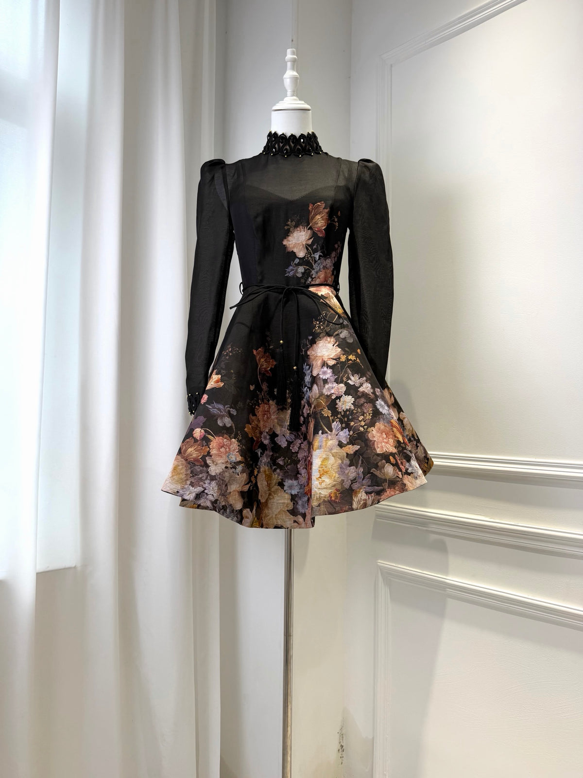 Black Printed Silk Linen Long-sleeve Mini Dress