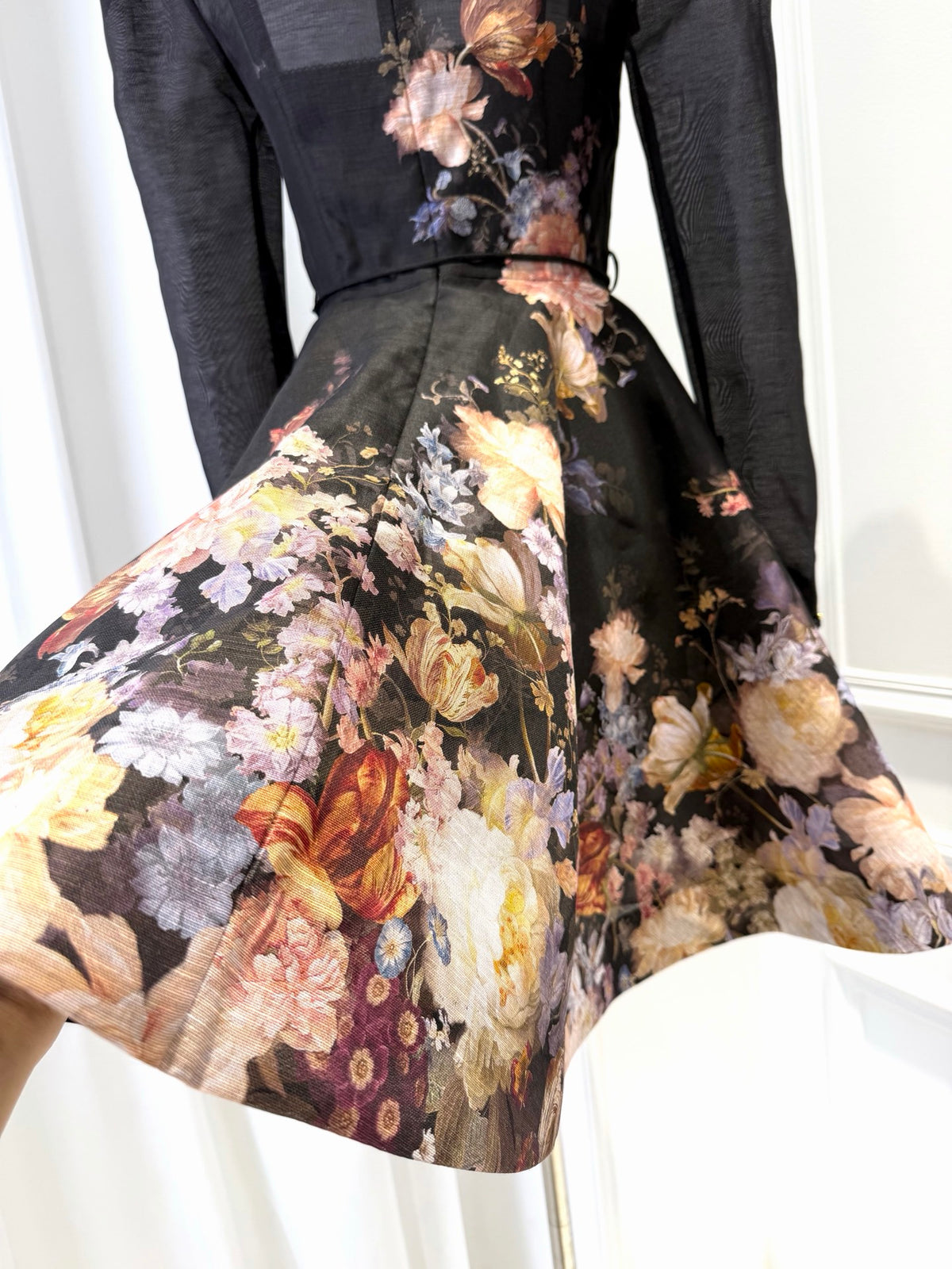 Black Printed Silk Linen Long-sleeve Mini Dress