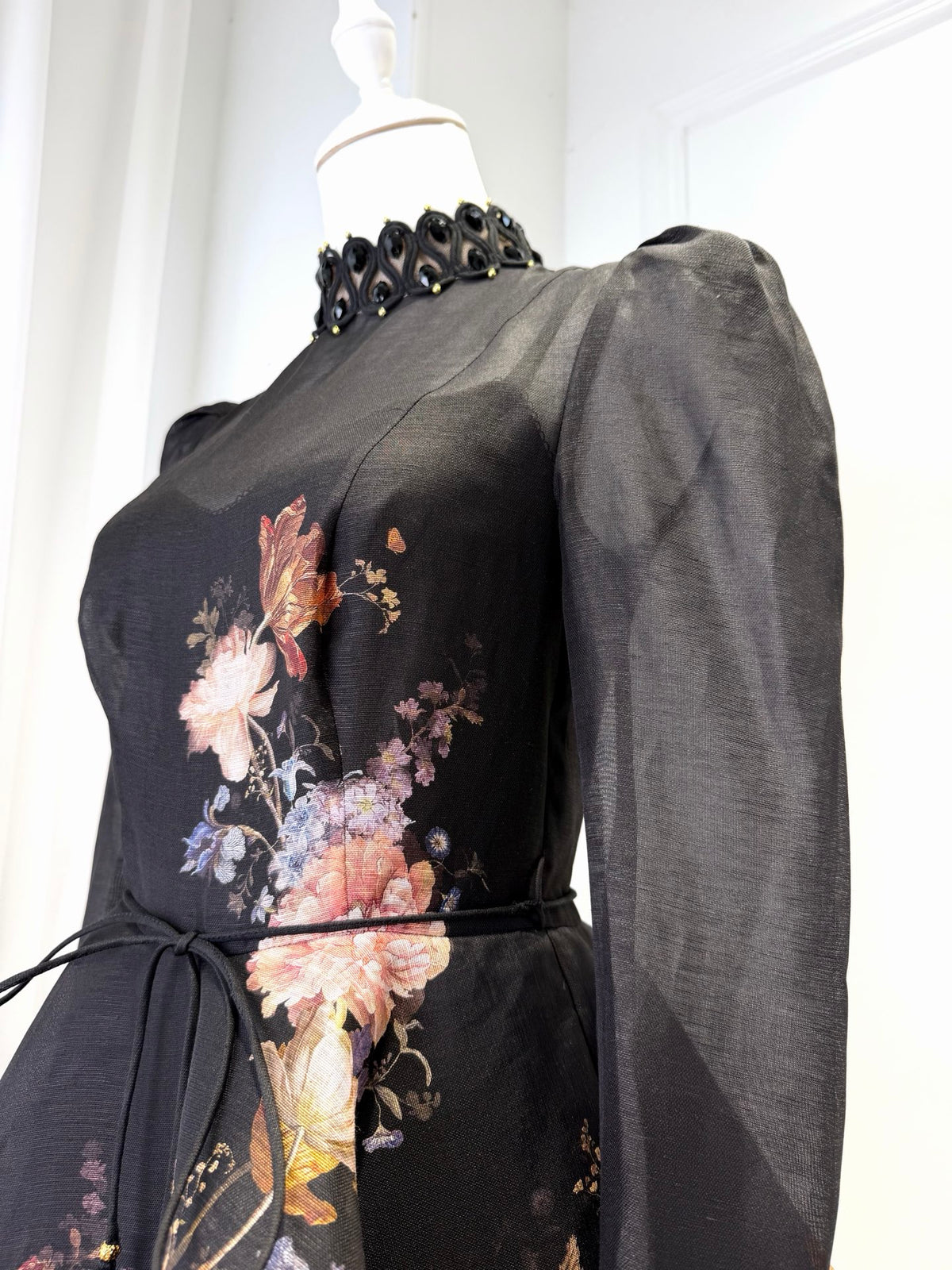 Black Printed Silk Linen Long-sleeve Mini Dress