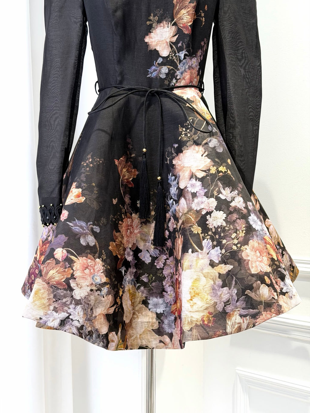 Black Printed Silk Linen Long-sleeve Mini Dress