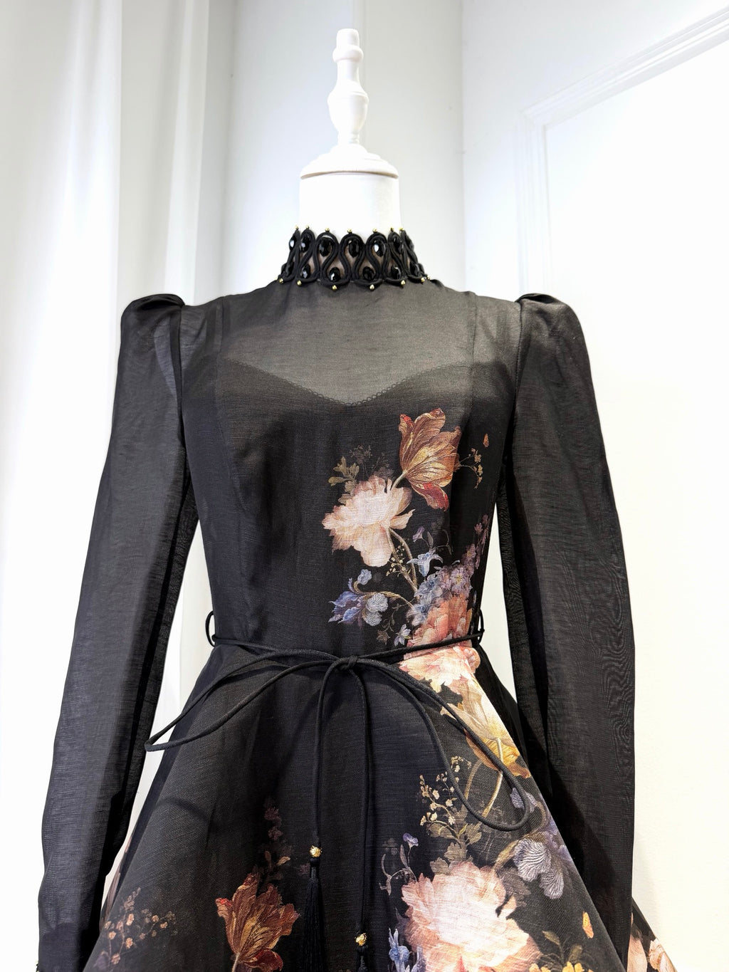 Black Printed Silk Linen Long-sleeve Mini Dress